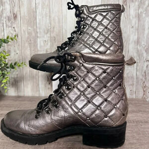 Marc Fisher Metallic Leather Moto Combat Studded Lanza Boot Size 6
